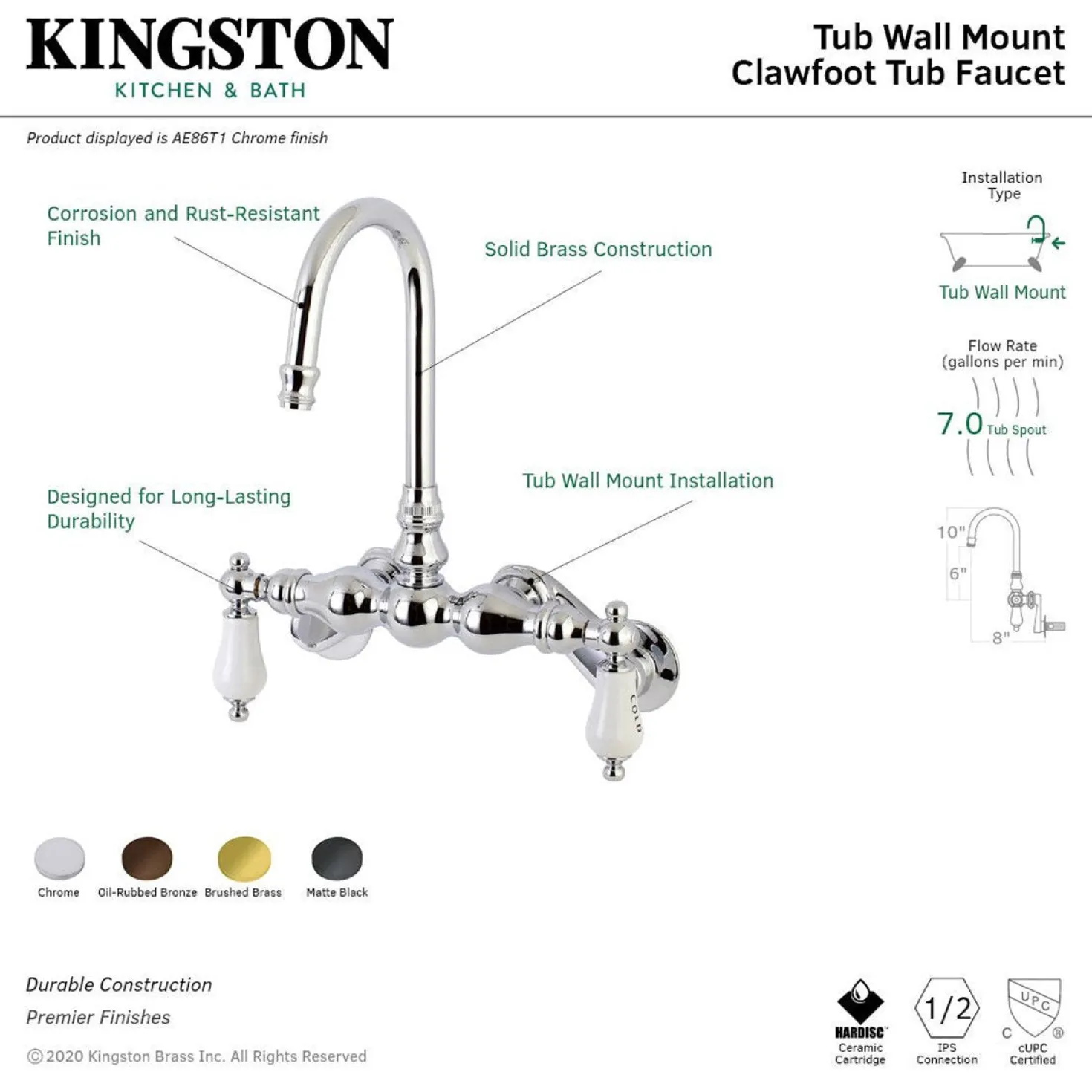 Aqua Vintage AE85TX-P Adjustable Center Wall Mount Tub Faucet