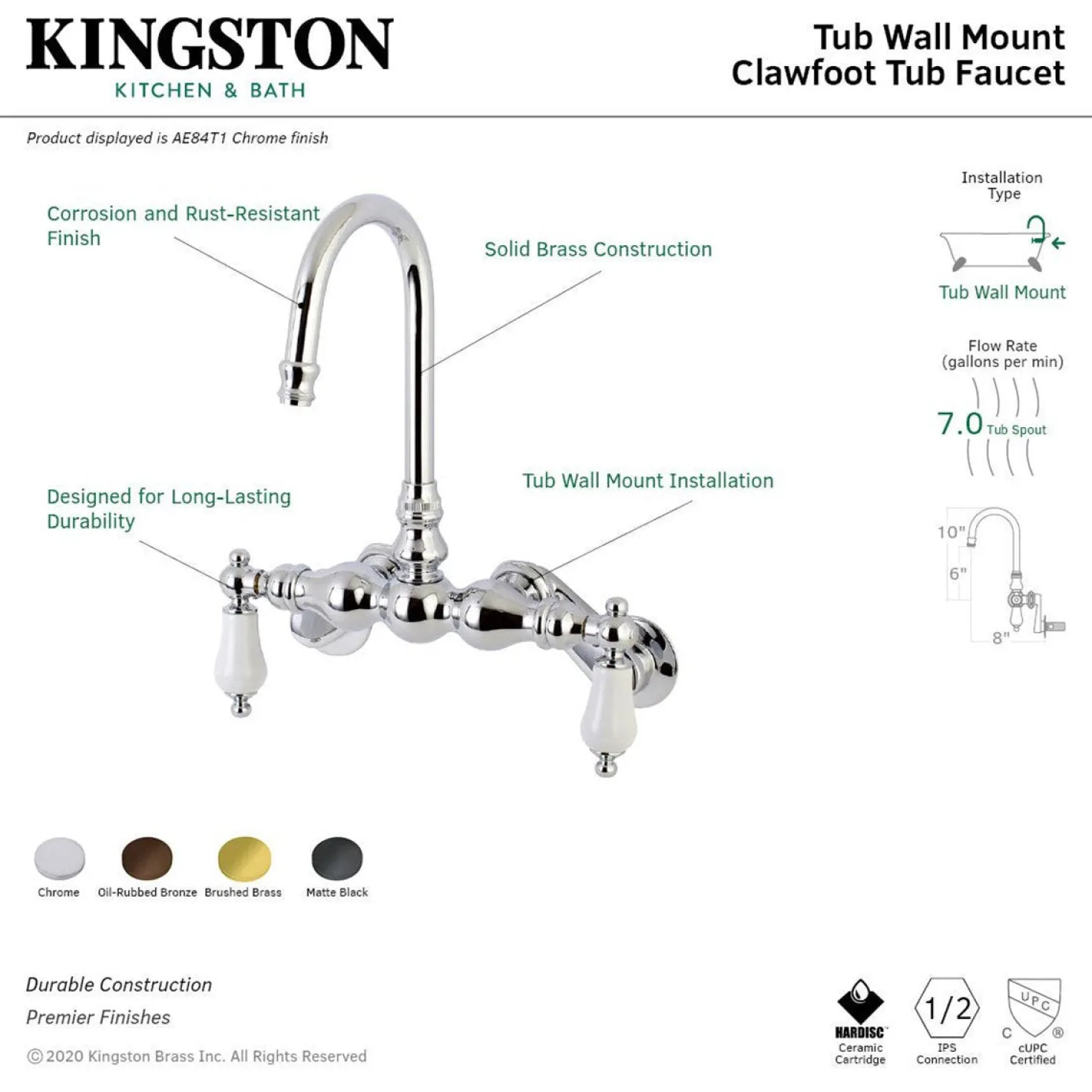 Aqua Vintage AE83TX-P Adjustable Center Wall Mount Tub Faucet