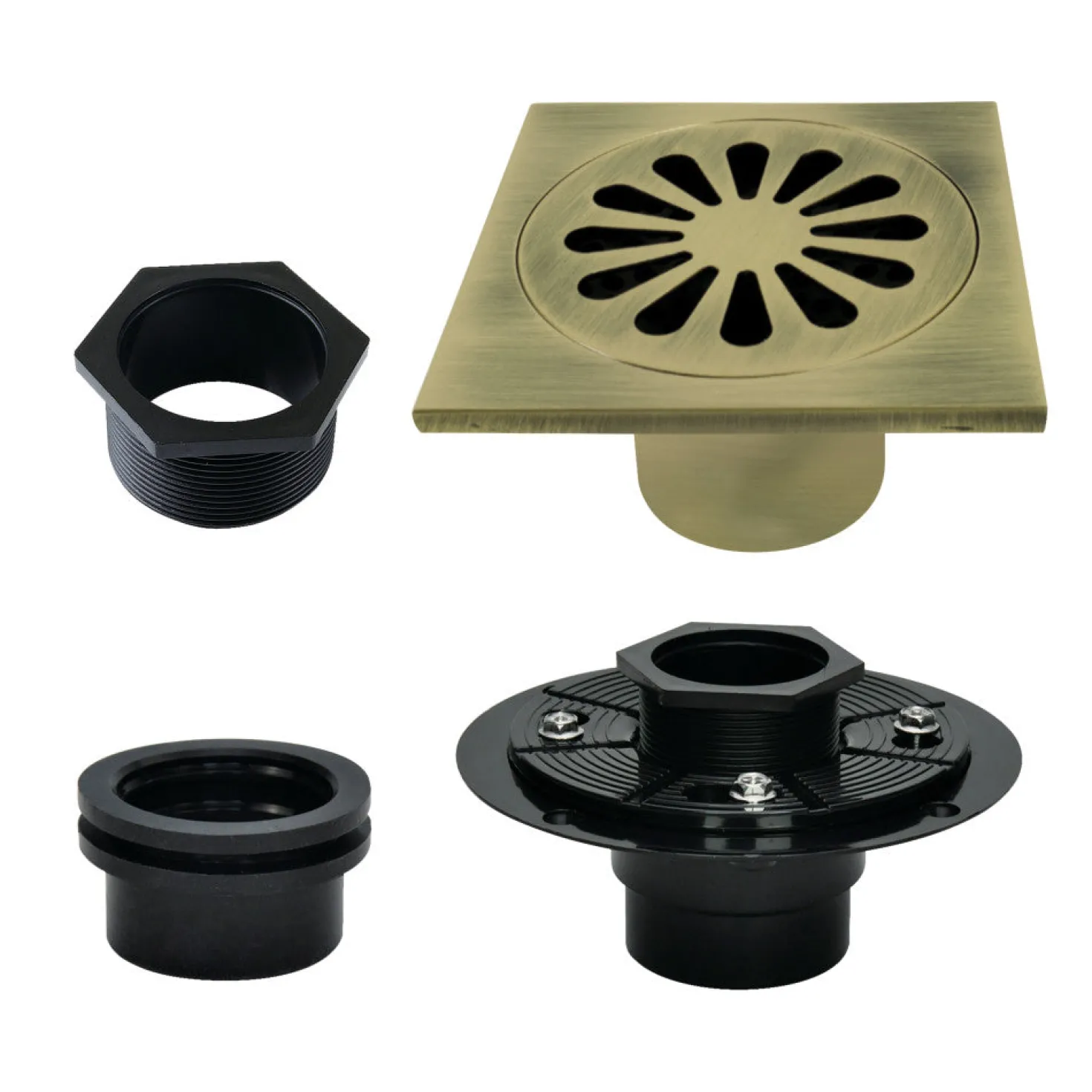 4" Brass Square Grid Shower Drain with Flange