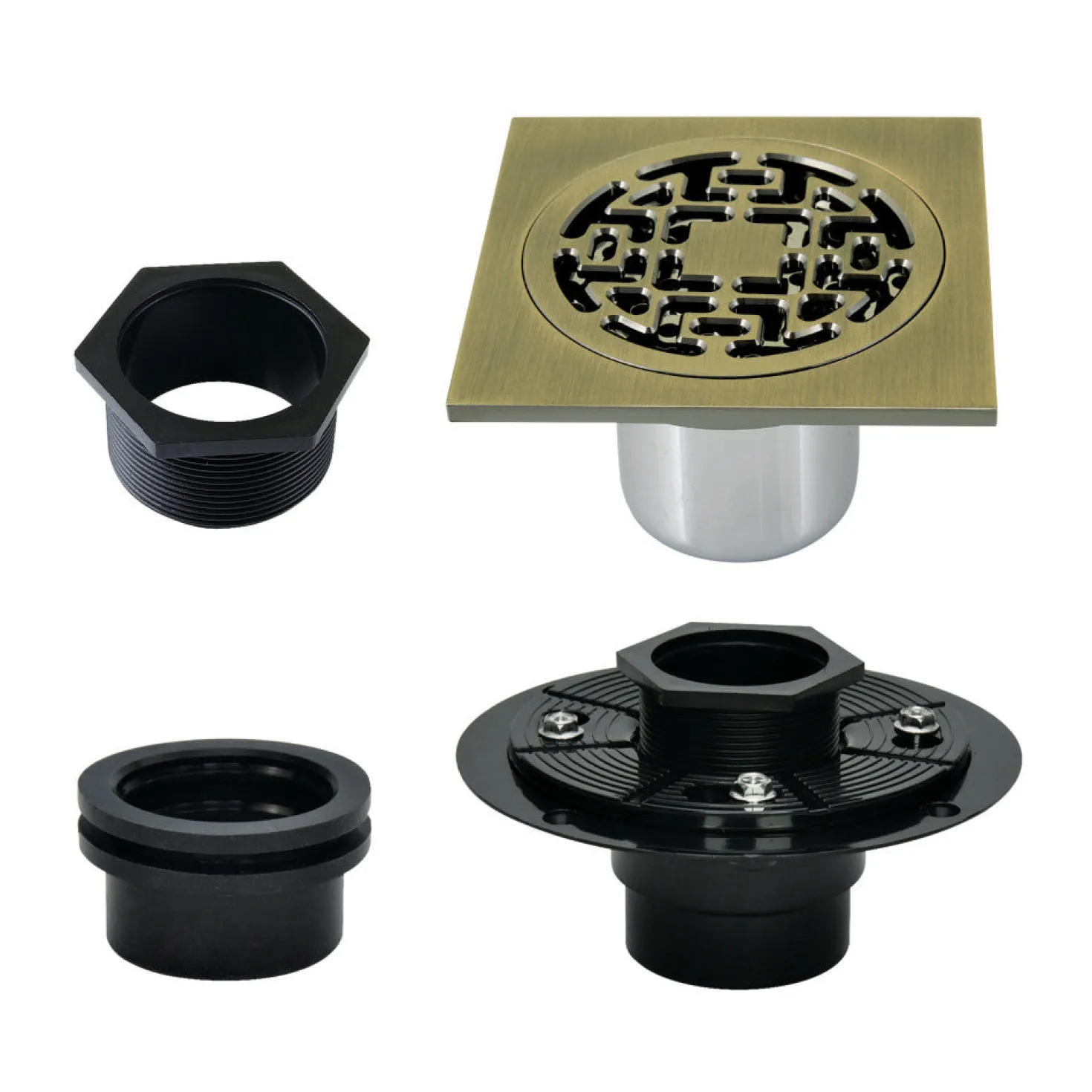 4" Brass Square Grid Shower Drain with Flange
