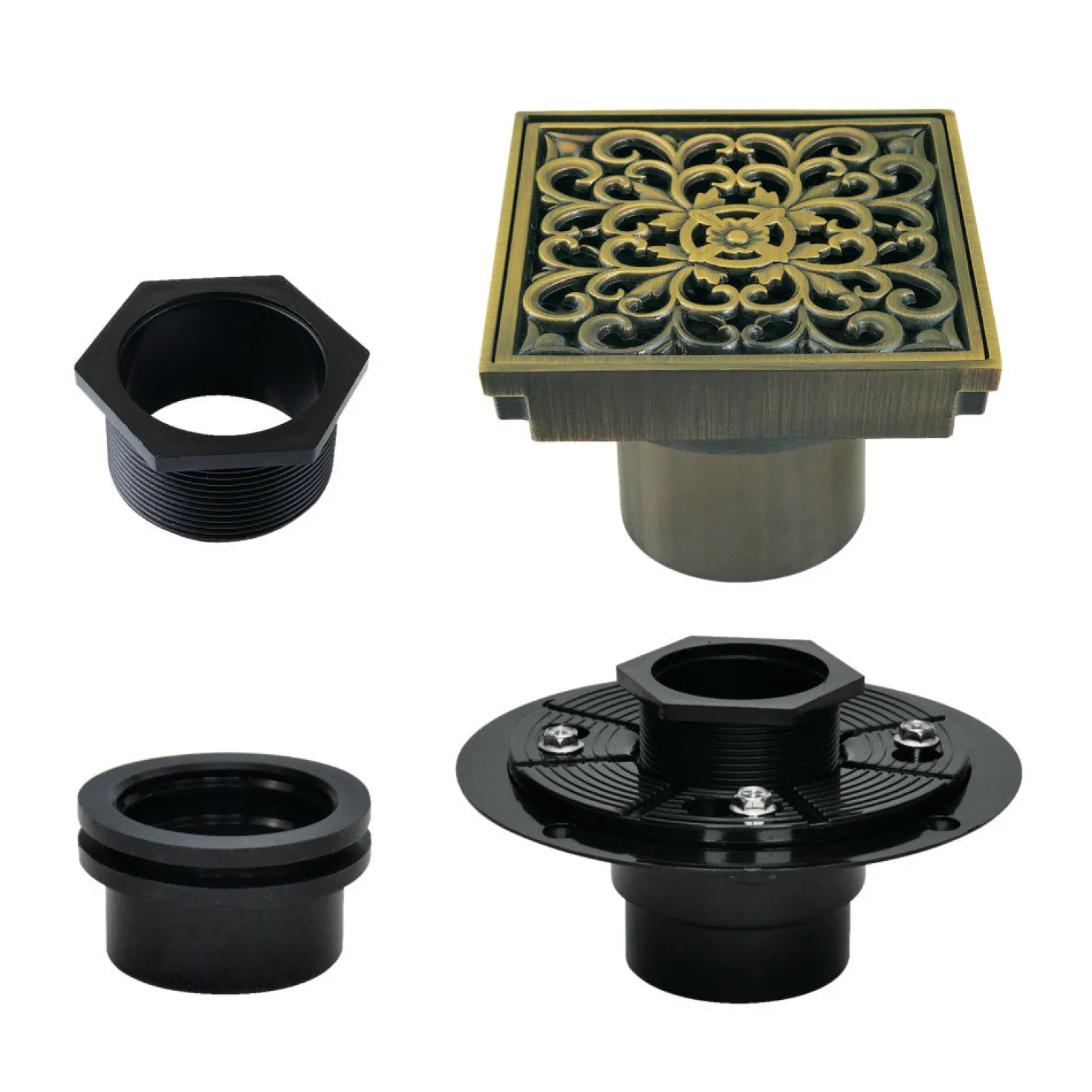 4" Brass Square Grid Shower Drain with Flange