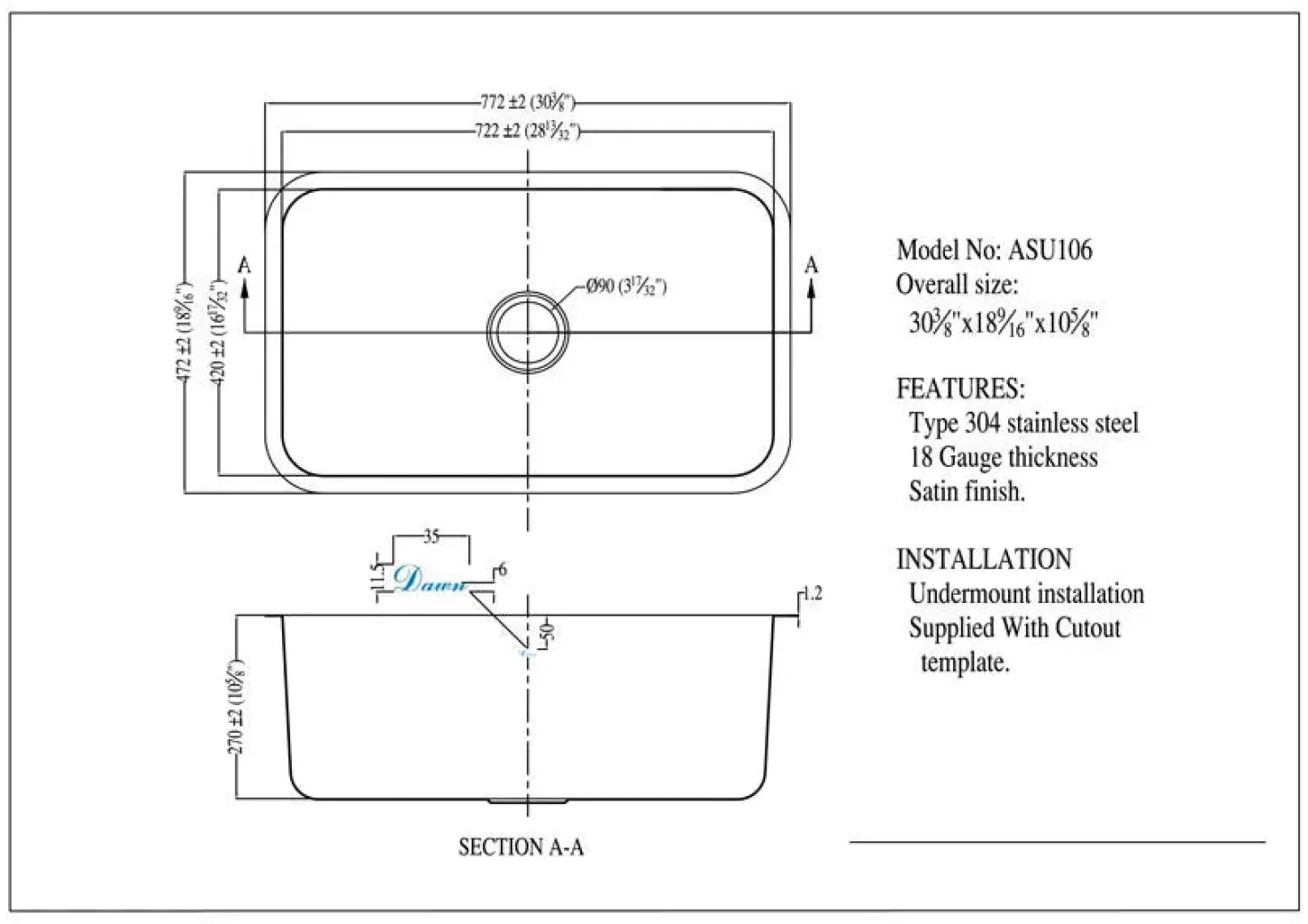 Dawn ASU106 Single Bowl 30" Undermount Stainless Steel Kitchen Sink