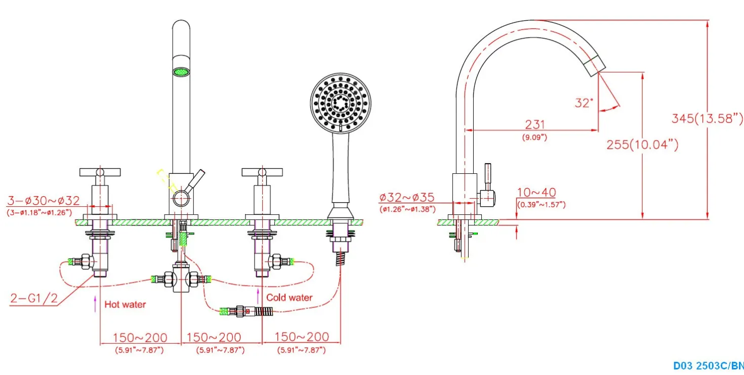 Dawn D032503 4-Hole Tub Filler with Personal Handshower and Cross Handles