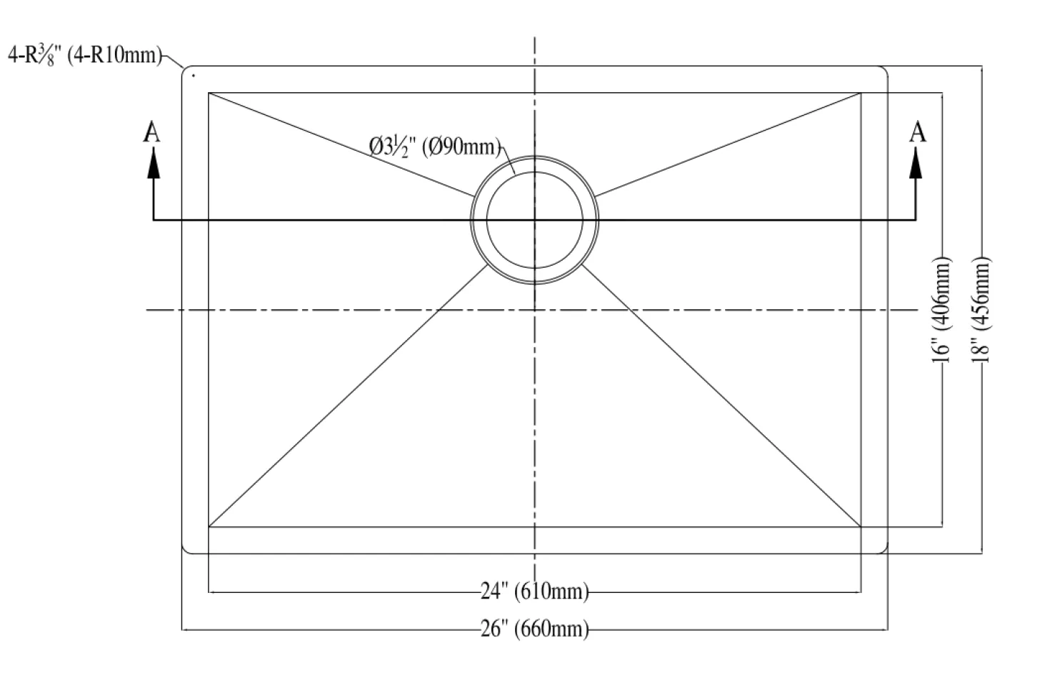 Dawn DSQ241607 Undermount Square Corner Single Bowl Sink