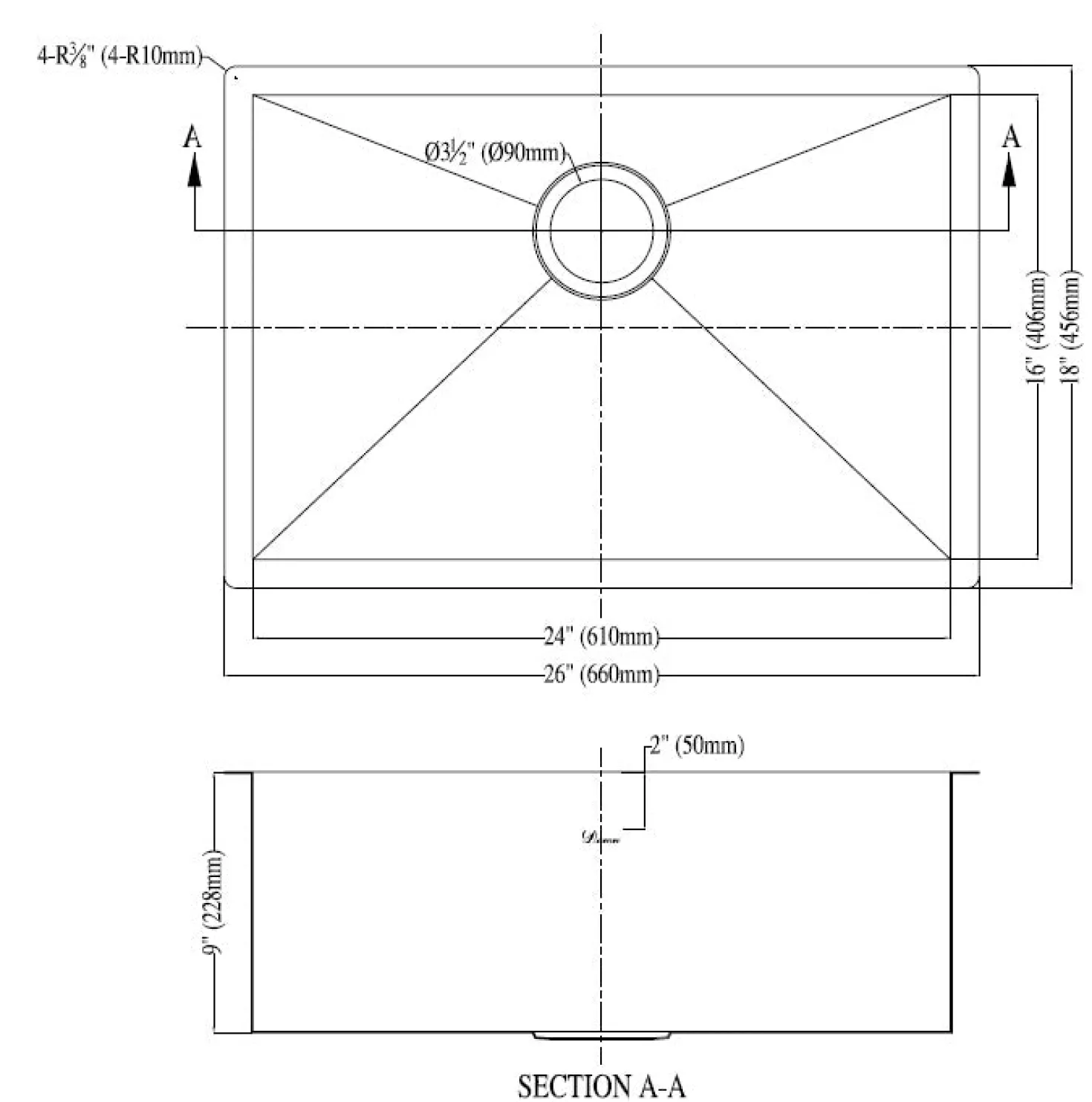 Dawn DSQ241609 Undermount Square Corner Single Bowl Sink