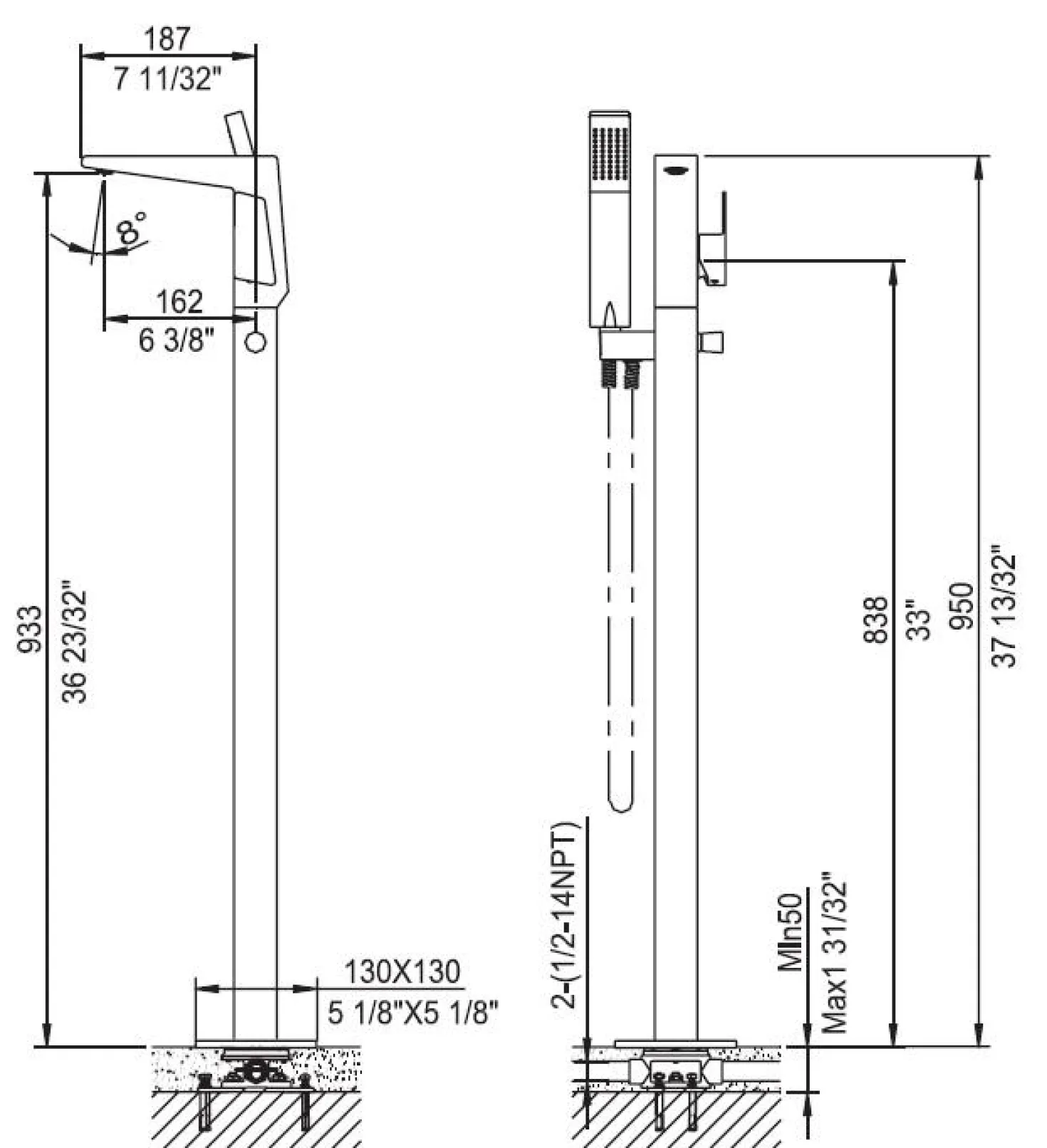 Dawn Floor Mount Freestanding Bathtub Filler Faucet with Hand Held Shower, Lever Handle
