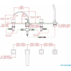 Dawn 4-Hole Tub Filler with Personal Handshower, Square Handles and Sheetflow Spout