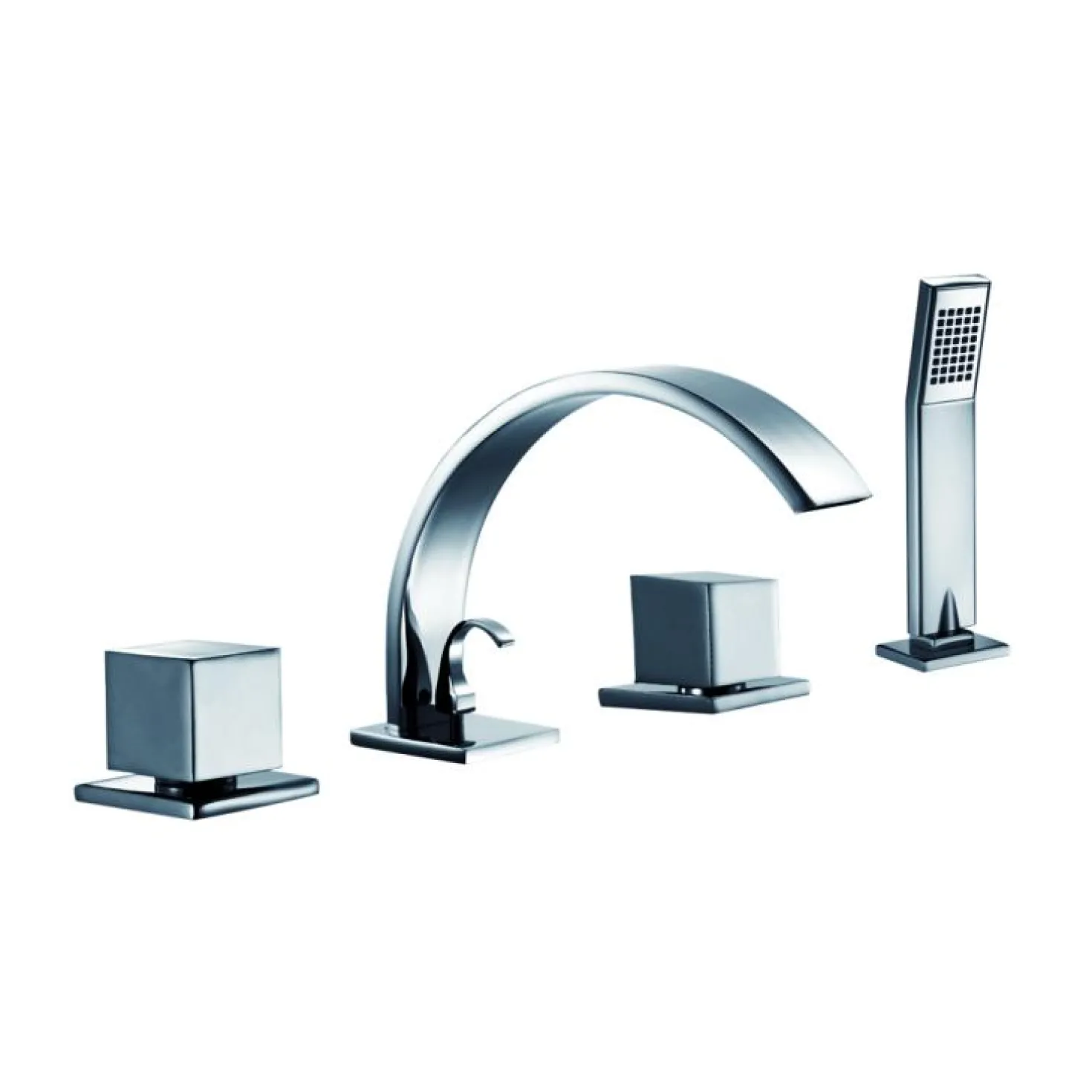 Dawn 4-Hole Tub Filler with Personal Handshower, Square Handles and Sheetflow Spout