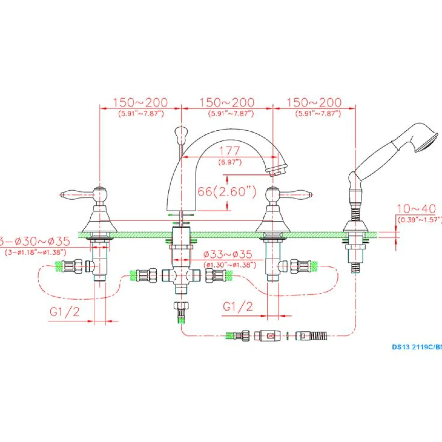 Dawn 4-Hole Tub Filler with Personal Handshower in Chrome and Lever Handles