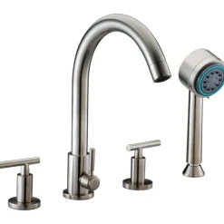 Dawn 4-Hole Tub Filler with Personal Handshower and Lever Handles in Brushed Nickel