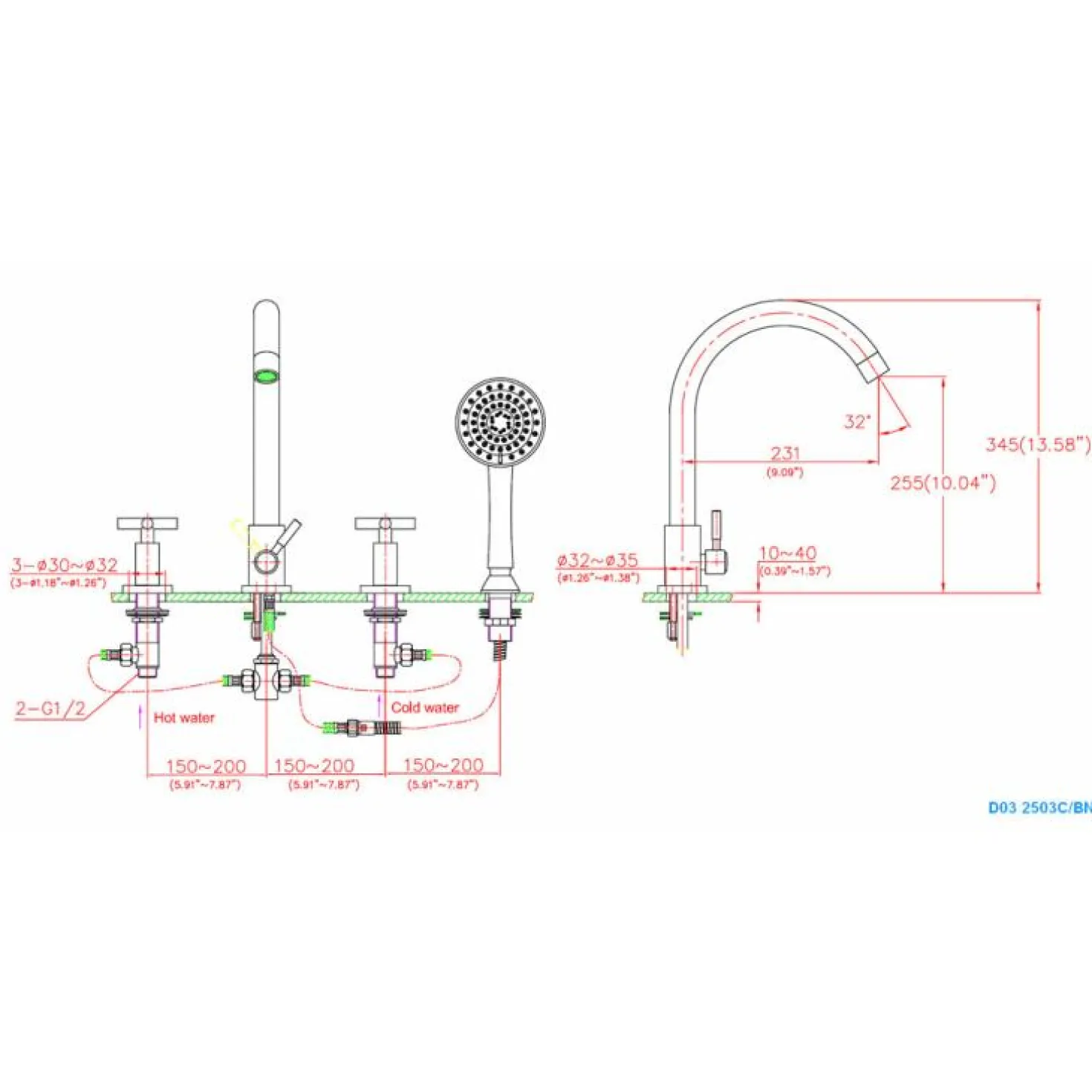 Dawn 4-Hole Tub Filler with Personal Handshower and Cross Handles in Chrome