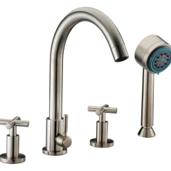 Dawn 4-Hole Tub Filler with Personal Handshower and Cross Handles in Brushed Nickel
