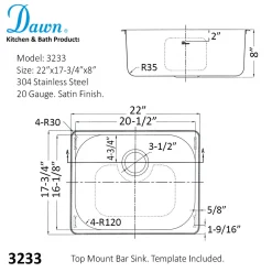 Dawn Top Mount Single Bowl Bar Sink
