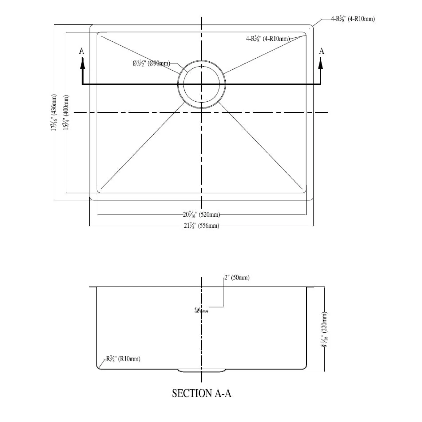 Dawn XSR201609 Undermount Extra Small Corner Radius Single Bowl