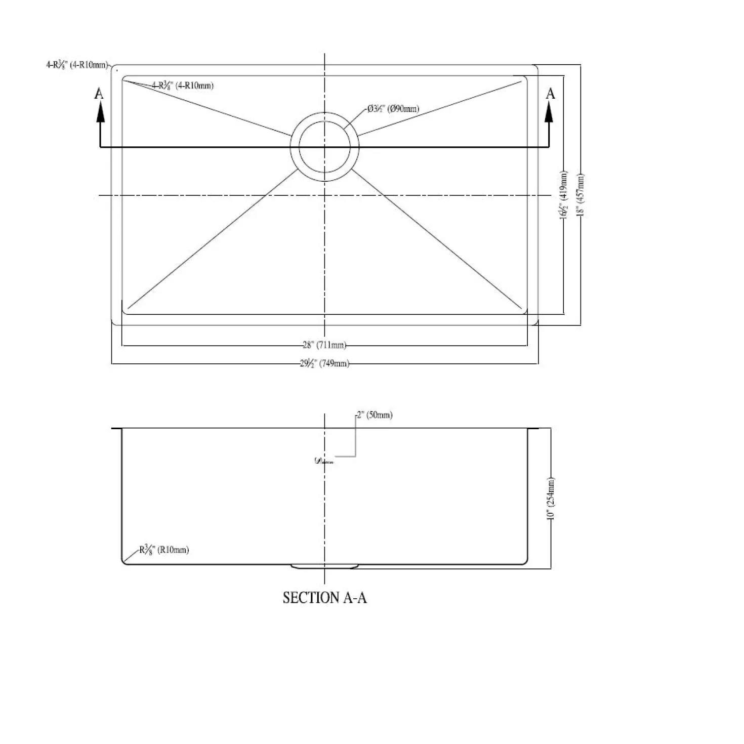 Dawn XSR281610 Undermount Extra Small Corner Radius Single Bowl