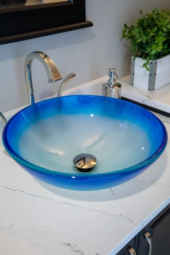 Eden Bath Blue Cloud Frosted Round Glass Vessel Sink
