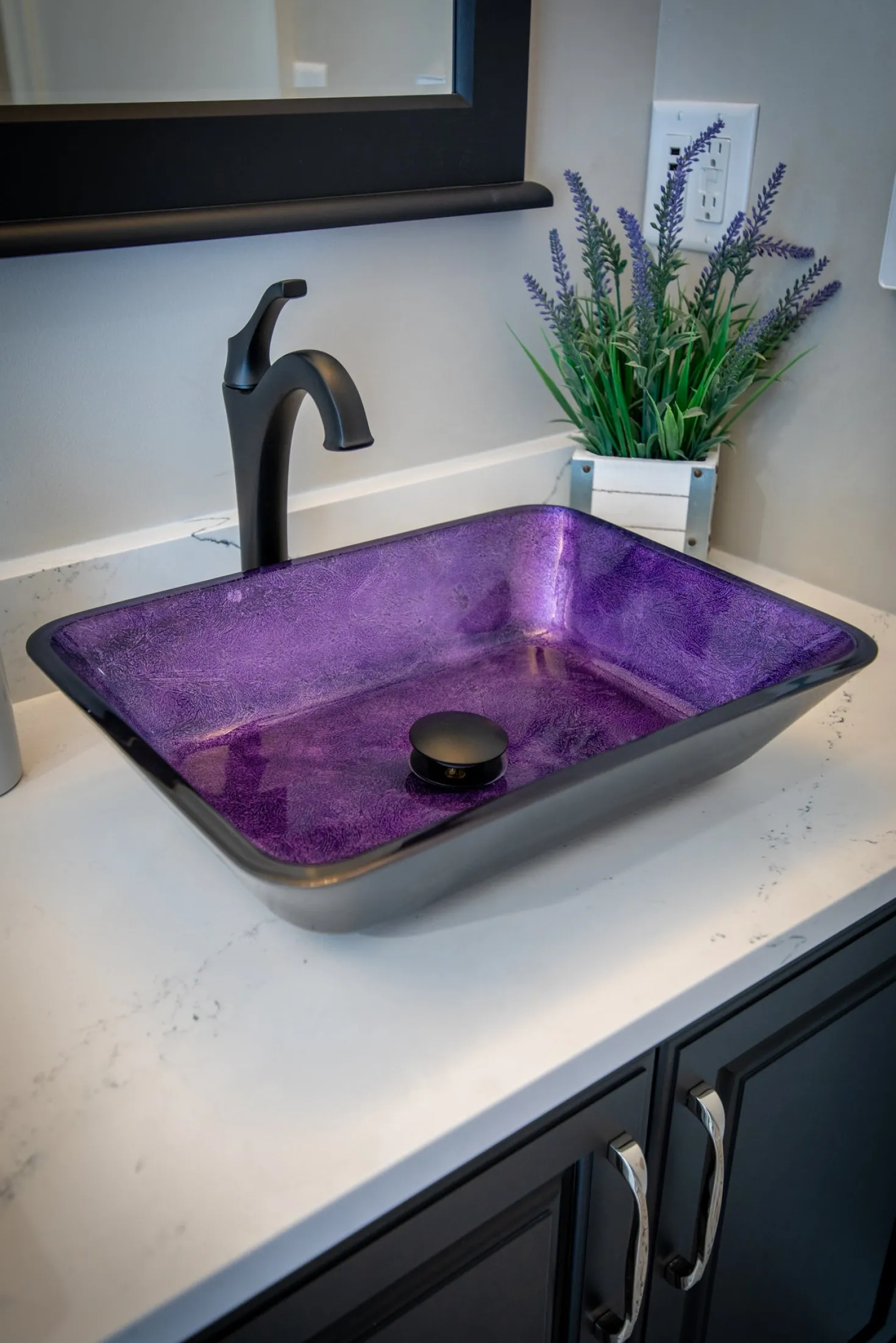Eden Bath Rectangular Purple Foil Glass Vessel Sink with Black Exterior