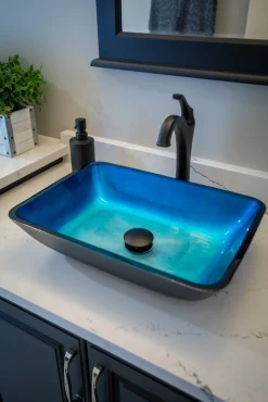Eden Bath Rectangular Turquoise Blue Foil Glass Vessel Sink with Black Exterior