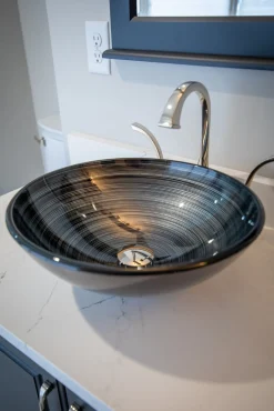 Eden Bath Silver and Black Rings Glass Vessel Sink