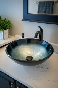 Eden Bath Silver and Blue Rings Glass Vessel Sink