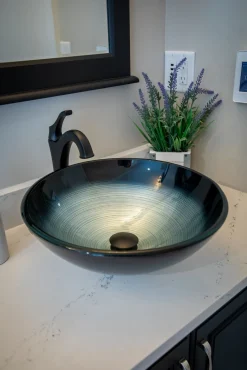 Eden Bath Silver and Blue Rings Glass Vessel Sink