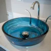 Eden Bath Transparent Dark Blue Mist Flat Bottom Glass Vessel Sink