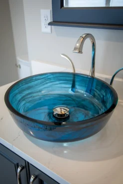 Eden Bath Transparent Dark Blue Mist Flat Bottom Glass Vessel Sink