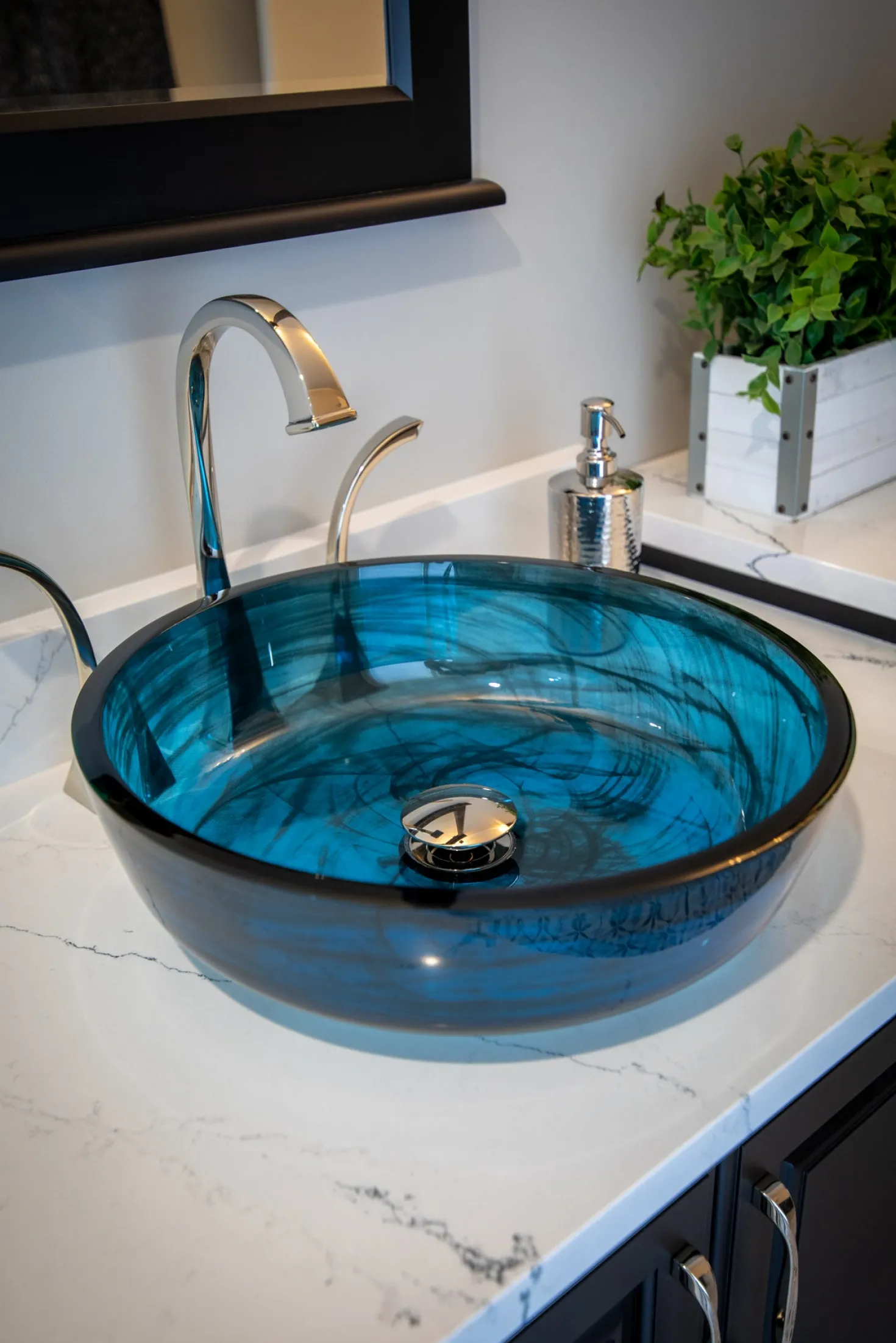 Eden Bath Transparent Dark Blue Mist Flat Bottom Glass Vessel Sink