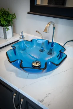 Eden Bath Wave Rim Blue Glass Vessel Sink