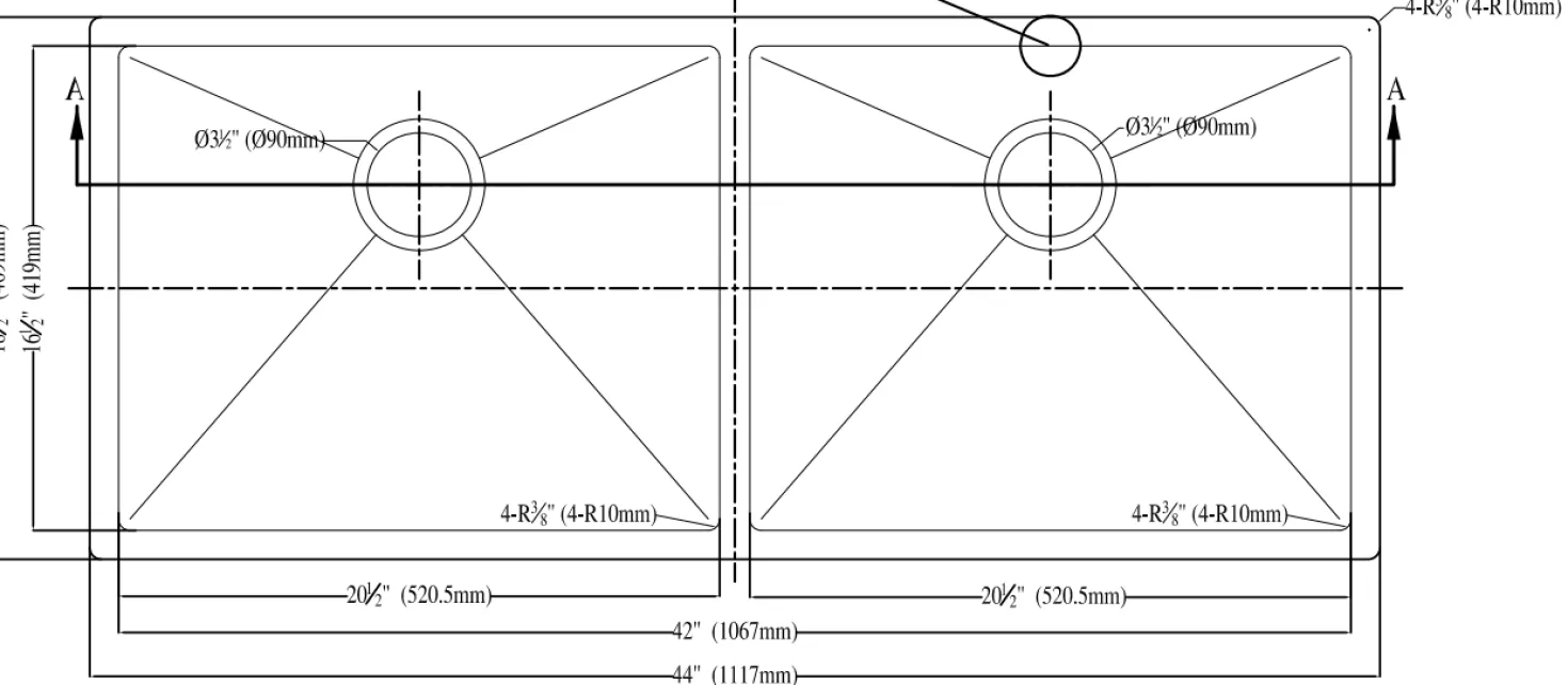 Extra Large 44" Equal Double Bowl Kitchen Sink with Small Radius Corners