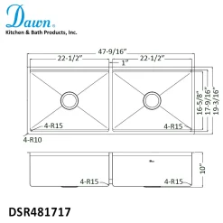 Extra Large 48" Workstation Equal Double Bowl Kitchen Sink with Small Radius Corners