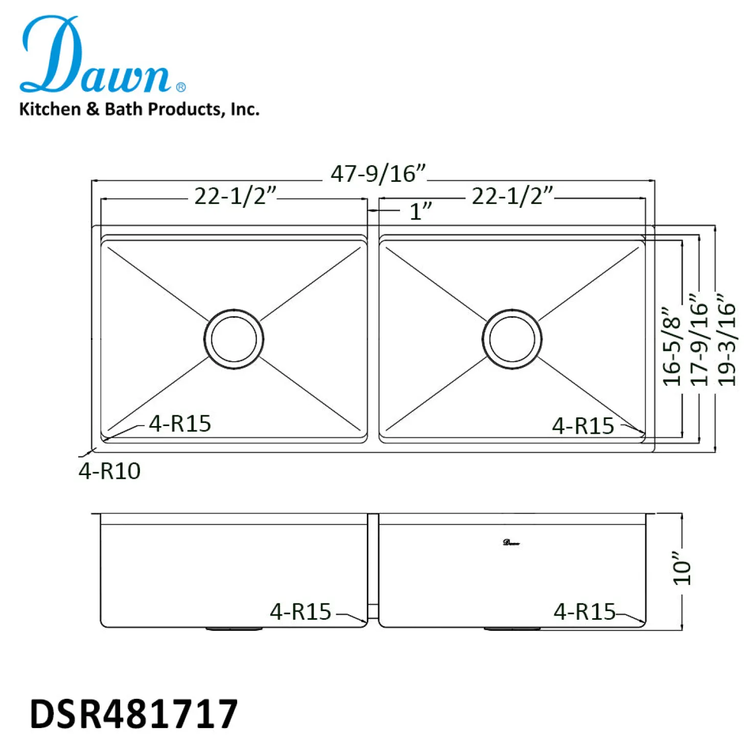 Extra Large 48" Workstation Equal Double Bowl Kitchen Sink with Small Radius Corners