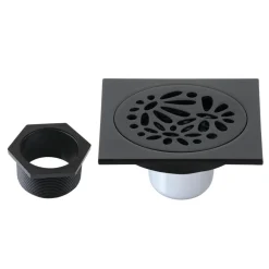 Floral 4" Brass Square Grid Shower Drain with Flange and Hair Trap