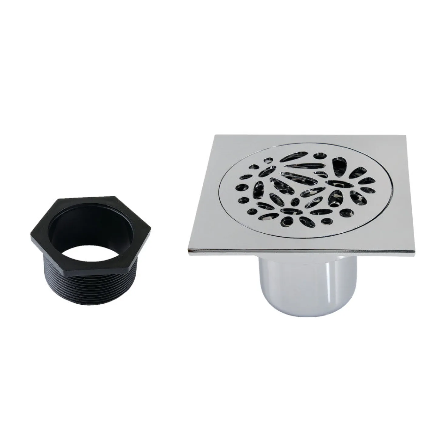 Floral 4" Brass Square Grid Shower Drain with Flange and Hair Trap