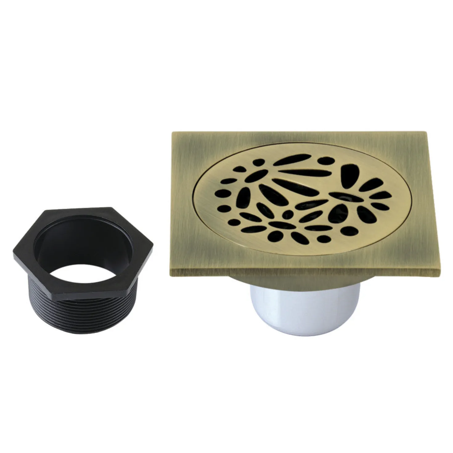 Floral 4" Brass Square Grid Shower Drain with Flange and Hair Trap