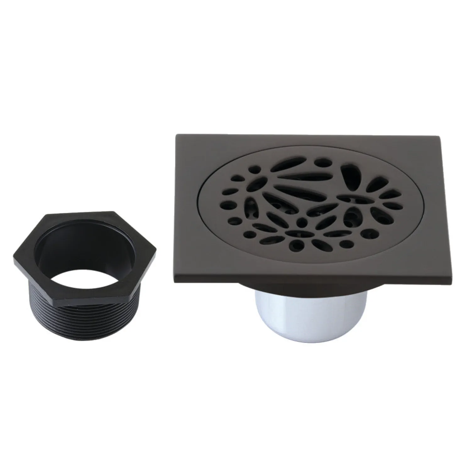 Floral 4" Brass Square Grid Shower Drain with Flange and Hair Trap