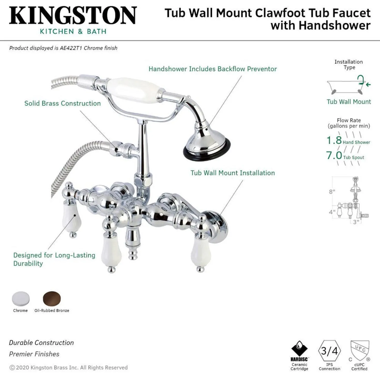 Kingston Brass AE421TX-P Aqua Vintage 3-3/8-Inch Adjustable Wall Mount Clawfoot Tub Faucet with Hand Shower
