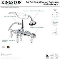 Kingston Brass AE423TX-P Aqua Vintage 3-3/8-Inch Adjustable Wall Mount Clawfoot Tub Faucet with Hand Shower