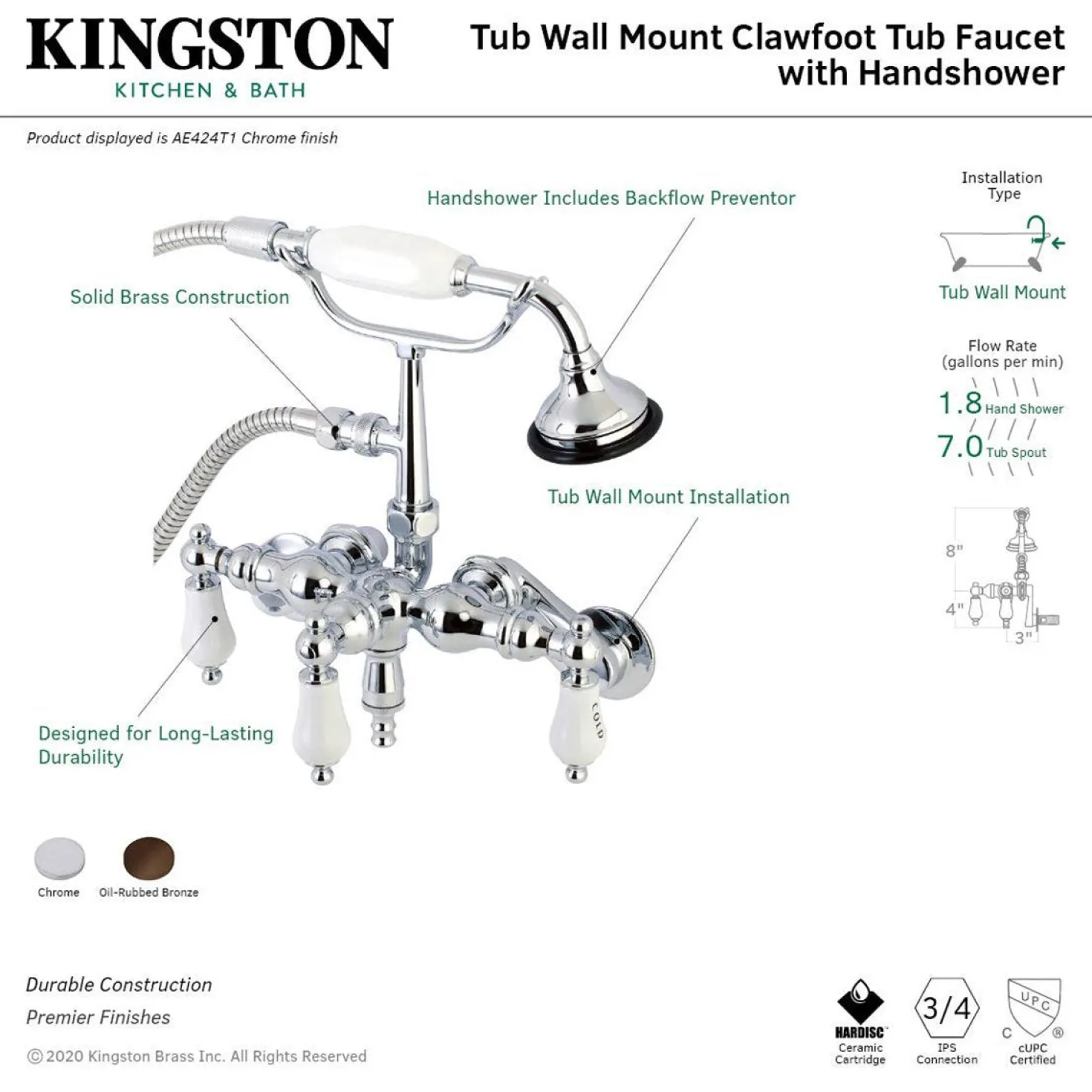 Kingston Brass AE423TX-P Aqua Vintage 3-3/8-Inch Adjustable Wall Mount Clawfoot Tub Faucet with Hand Shower