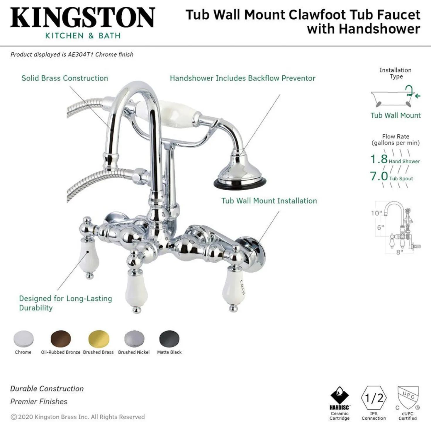 Kingston Brass AE303TX-P Aqua Vintage Wall Mount Clawfoot Tub Faucets
