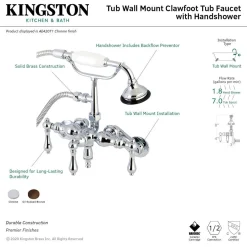 Kingston Brass AE419TX-P Aqua Vintage 3-3/8-Inch Adjustable Wall Mount Clawfoot Tub Faucet with Hand Shower