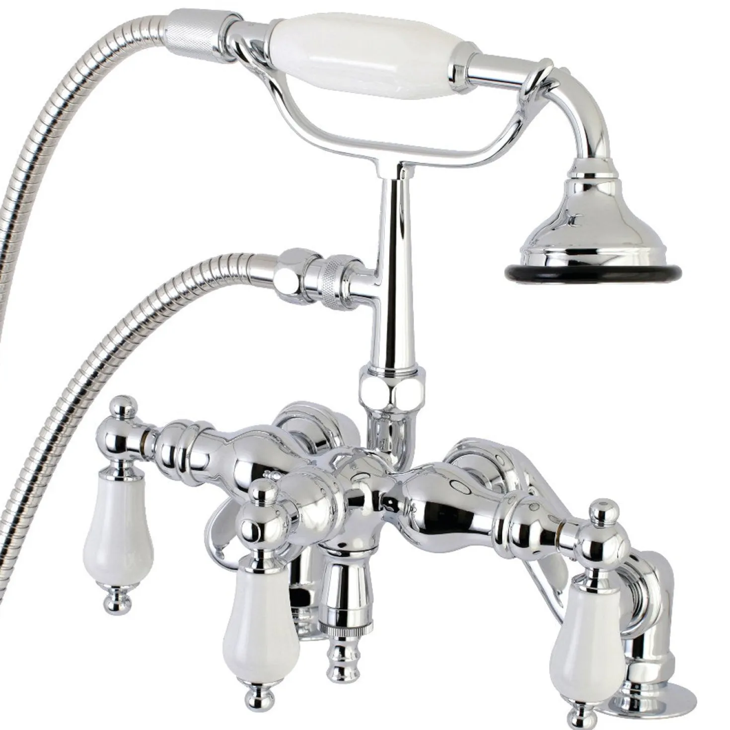 Kingston Brass AE621TX-P Aqua Vintage 3-3/8-Inch Adjustable Deck Mount Tub Faucet with Hand Shower in Polished Chrome