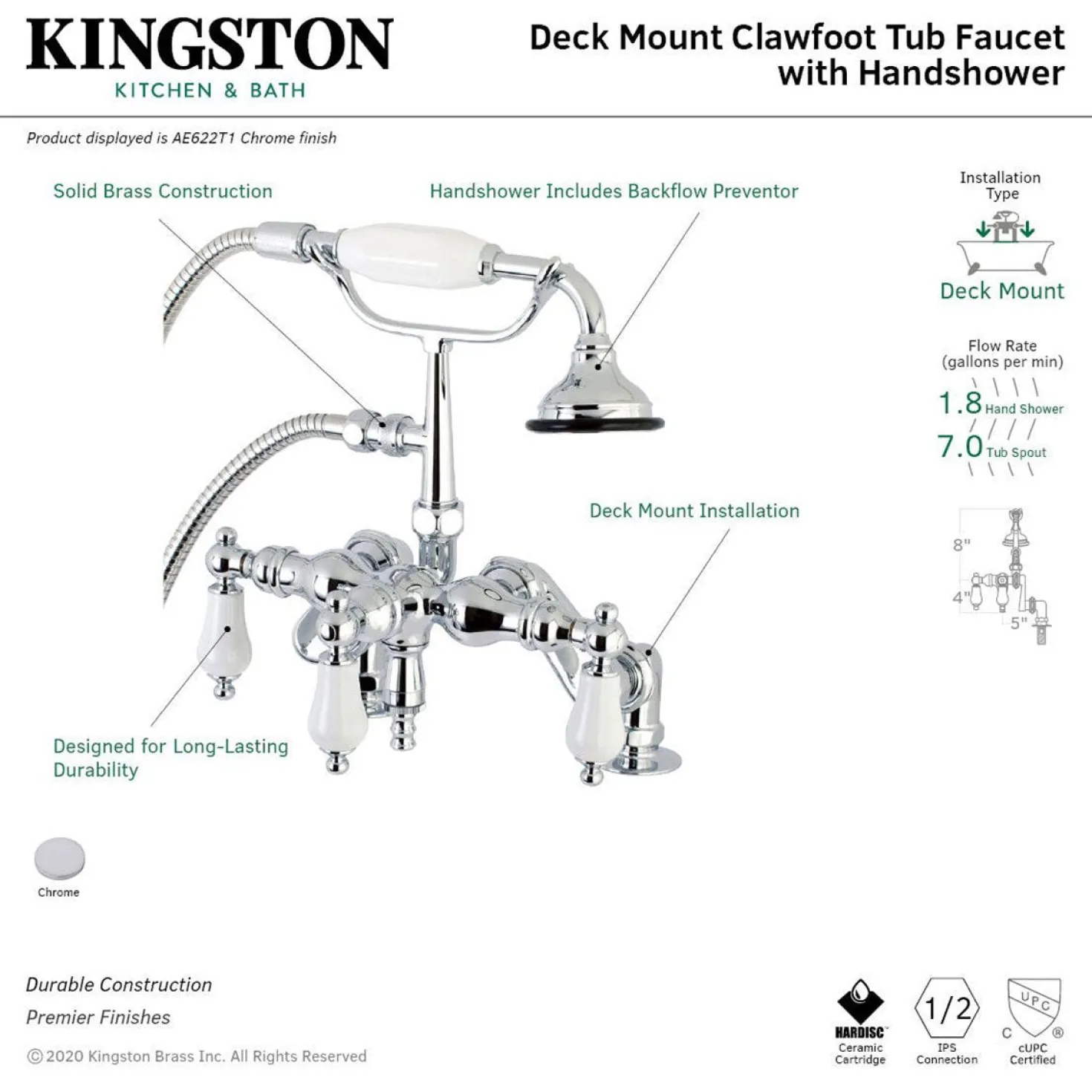 Kingston Brass AE621TX-P Aqua Vintage 3-3/8-Inch Adjustable Deck Mount Tub Faucet with Hand Shower in Polished Chrome