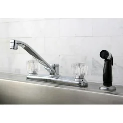 Kingston Brass Americana Twin Acrylic Handle 8" Kitchen Faucet with Non-Metallic Sprayer in Polished Chrome