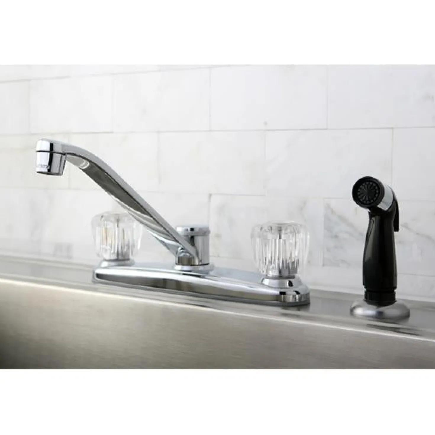 Kingston Brass Americana Twin Acrylic Handle 8" Kitchen Faucet with Non-Metallic Sprayer in Polished Chrome