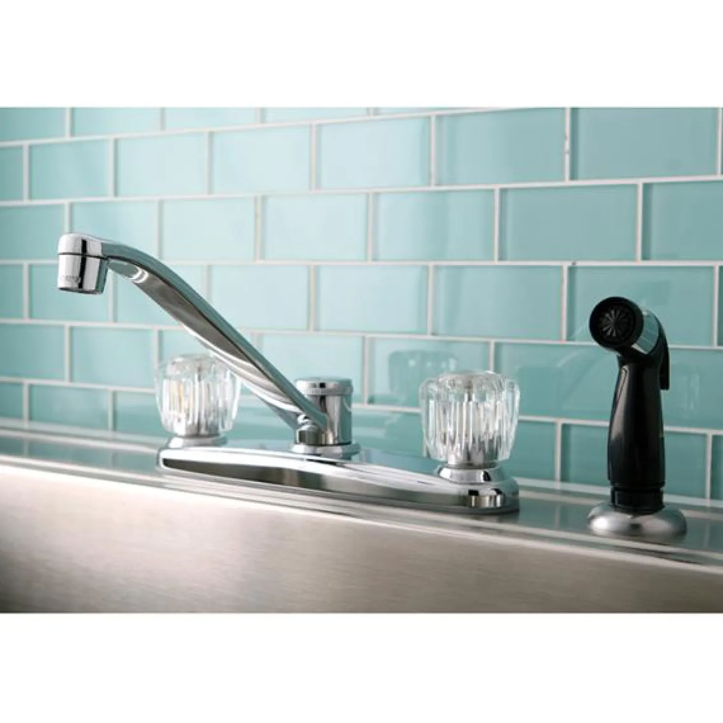 Kingston Brass Americana Twin Acrylic Handle 8" Kitchen Faucet with Non-Metallic Sprayer in Polished Chrome