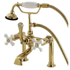 Kingston Brass Aqua Eden Vintage Deck Mount Clawfoot Brass Tub Faucet with Porcelain Lever Handle