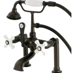 Kingston Brass Aqua Eden Vintage Deck Mount Clawfoot Brass Tub Faucet with Porcelain Lever Handle
