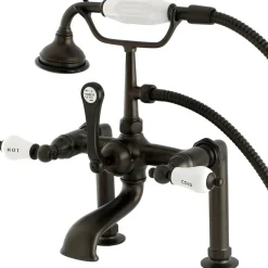 Kingston Brass Aqua Eden Vintage Deck Mount Clawfoot Tub Faucet with Porcelain Lever Handle