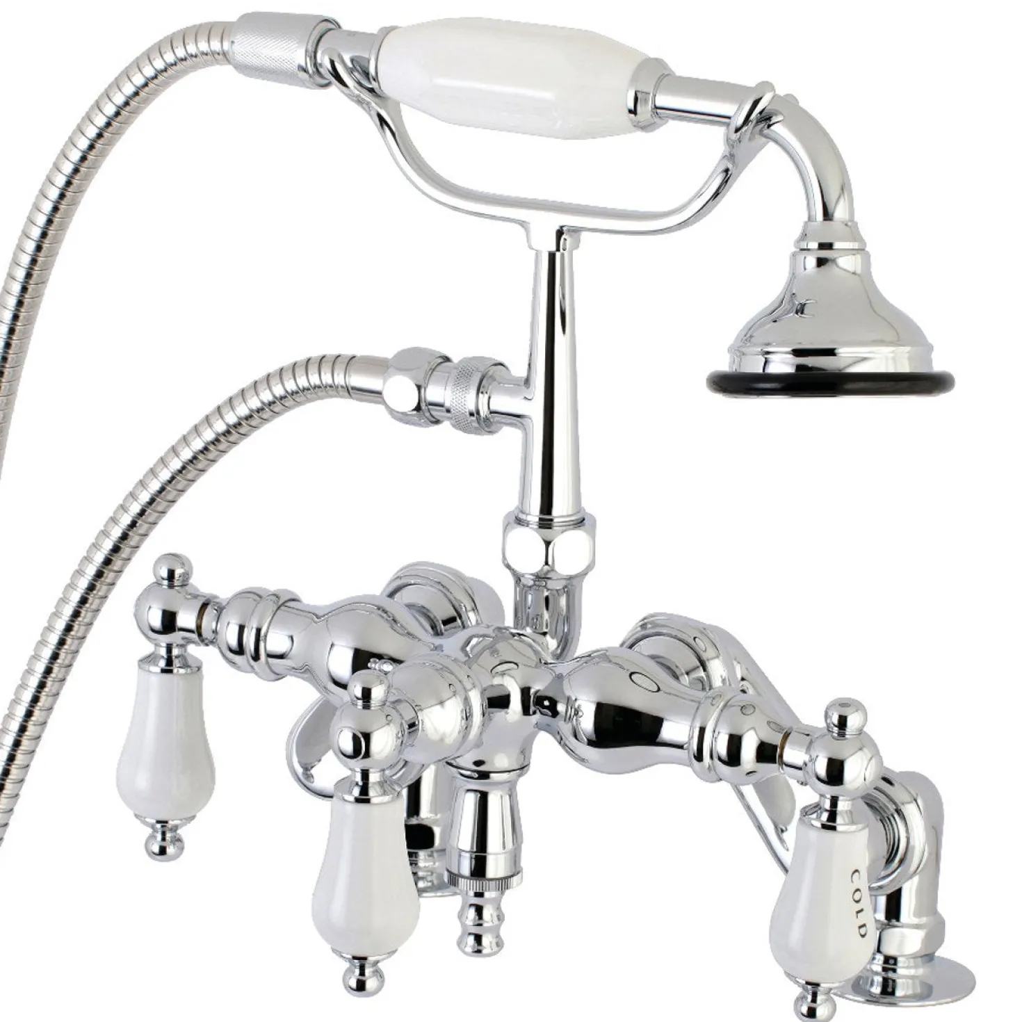 Kingston Brass Aqua Vintage 3-3/8" Adjustable Deck Mount Tub Faucet with Hand Shower in Polished Chrome
